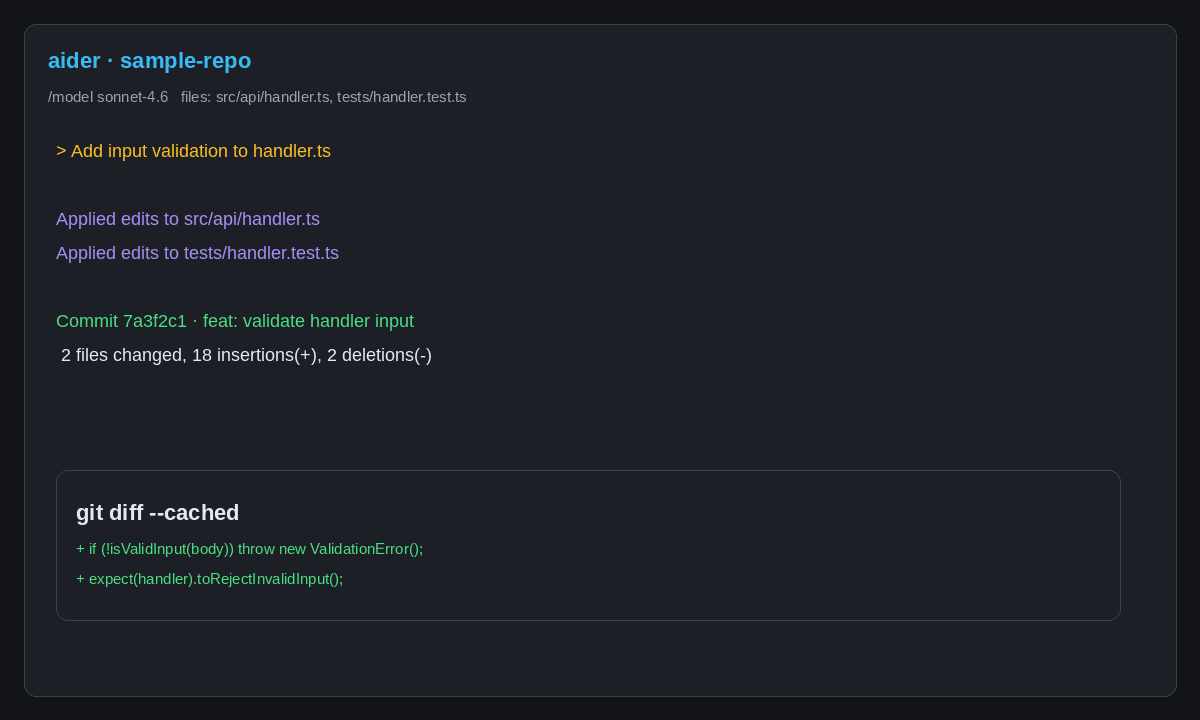 Aider terminal session showing files in chat, model selection, and an AI-generated git commit in a sample repository.